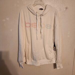 Bebe Neon Lites Logo Pullover Hoodie Sz 2X White Thumbholes NWT(2 tiny blk dots)